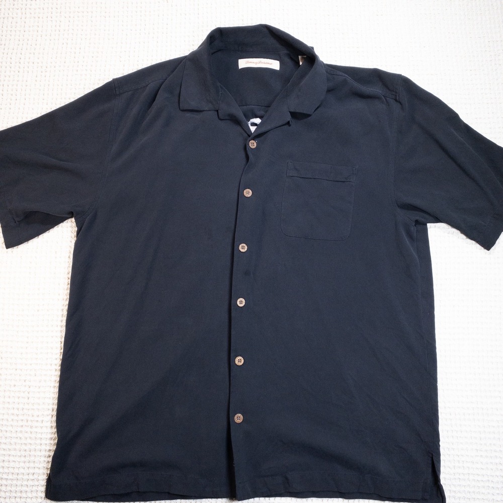 Tommy Bahama Mens Large Silk Black Golf Shirt Daily Dose of Iron Embroidered